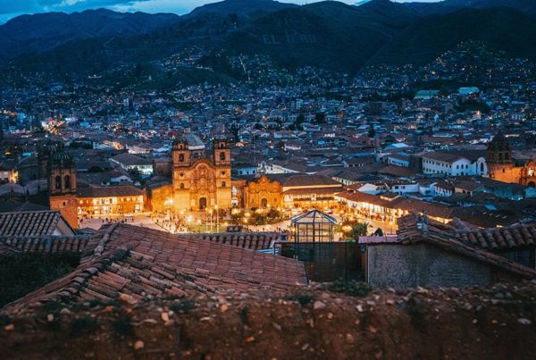 Stock image of a small mountain town at dusk