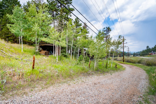 Exterior photo of the property, showing greenery and an unpaved road